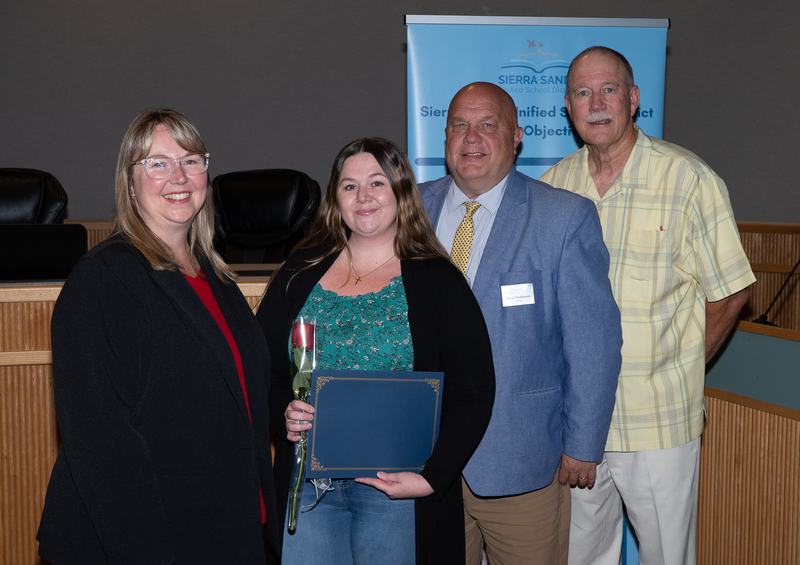 Cynthia Swafford with Principal Andreasen, Superintendent Moore, and President Campbell