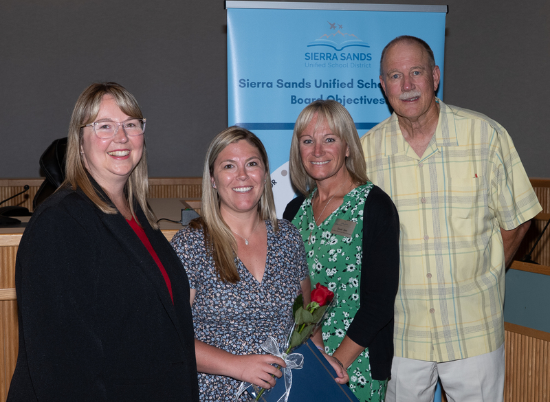 Ashley McNamara with Principal Tate, Superintendent Moore, and President Campbell