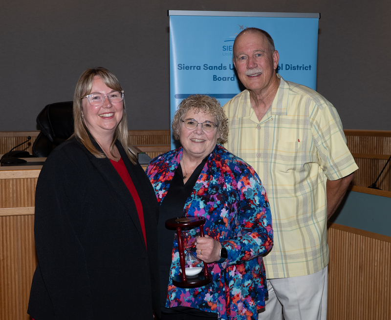 Bev Ewbank with Superintendent Moore and President Campbell