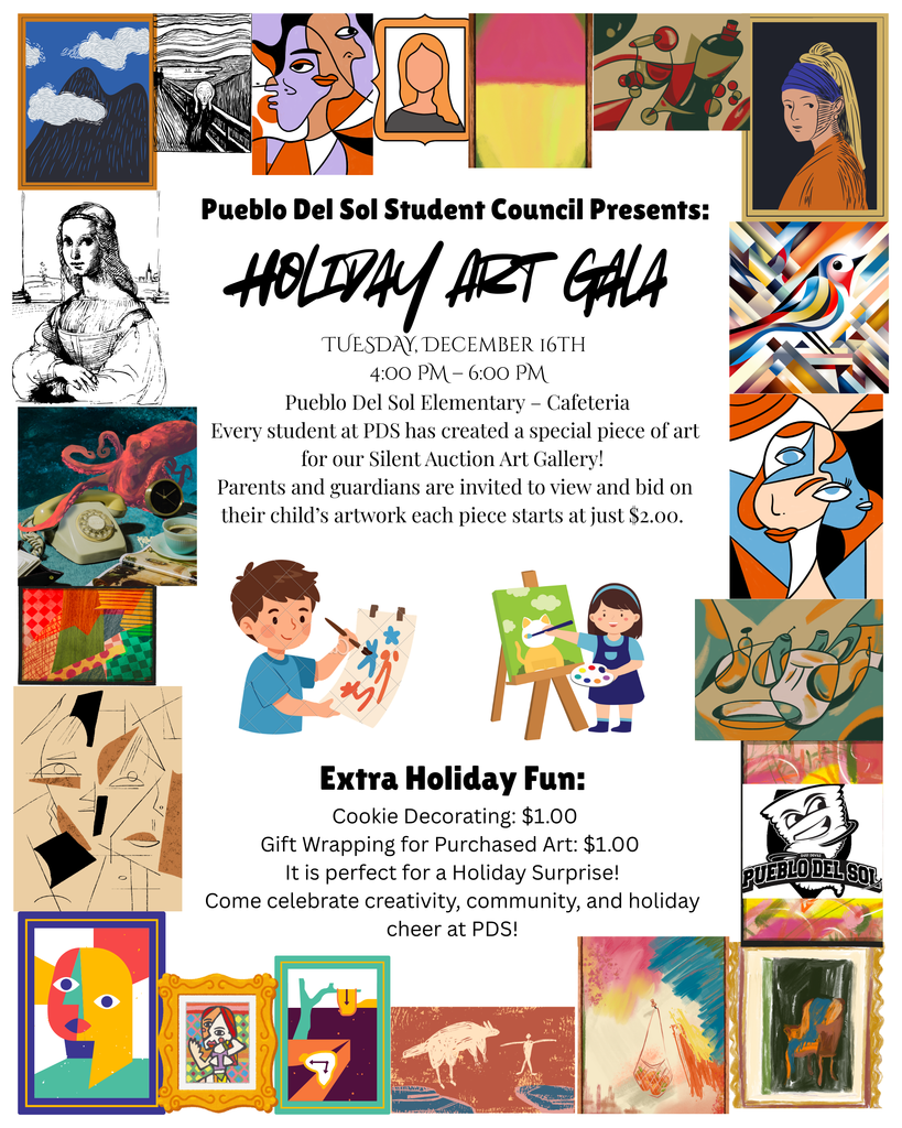 Tomorrow PDS Holiday Art Gala in the Cafeteria from 4-6pm come join us for an afternoon of bidding on some art, cookies and crafts.   