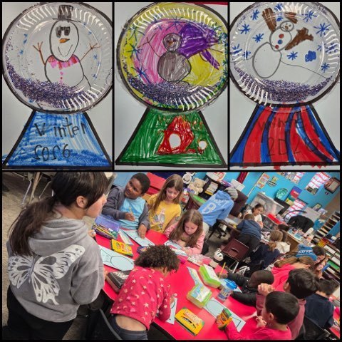 StuCo and Kinder working on building snow globes.