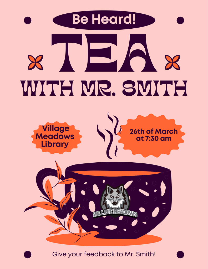 Tea cup with vapor lines and the village meadows logo 