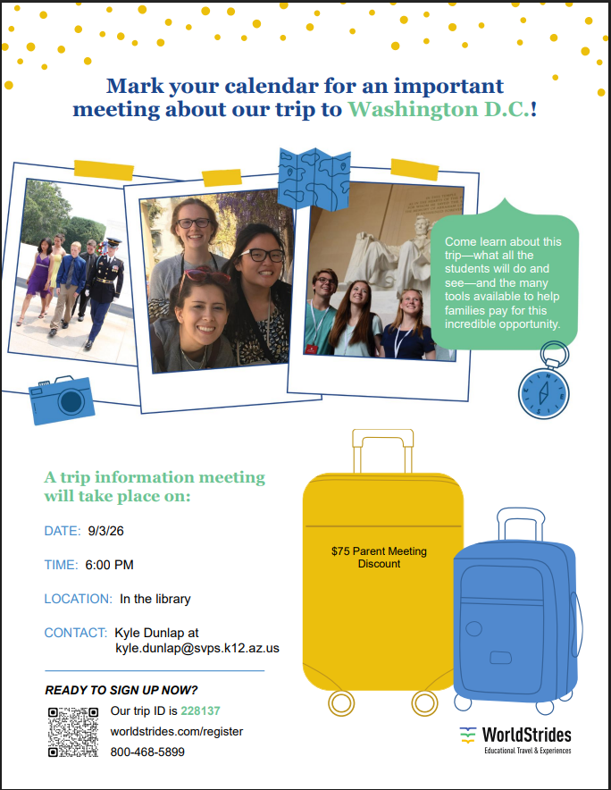 Parent meeting on 9/3/26 @ 6pm in Library for 8th grade trip to Washington DC