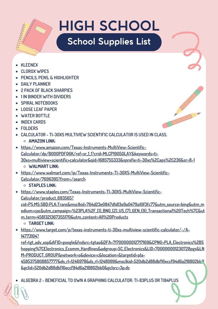 High School Supply List