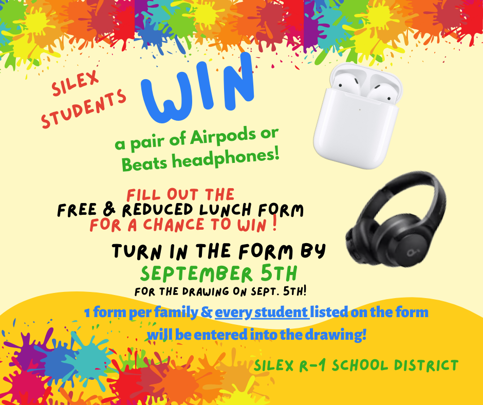Fill out the free and reduced lunch form for a chance to win! Click https://5il.co/3o3ll to print out a form or pick one up in the high school or elementary office.
