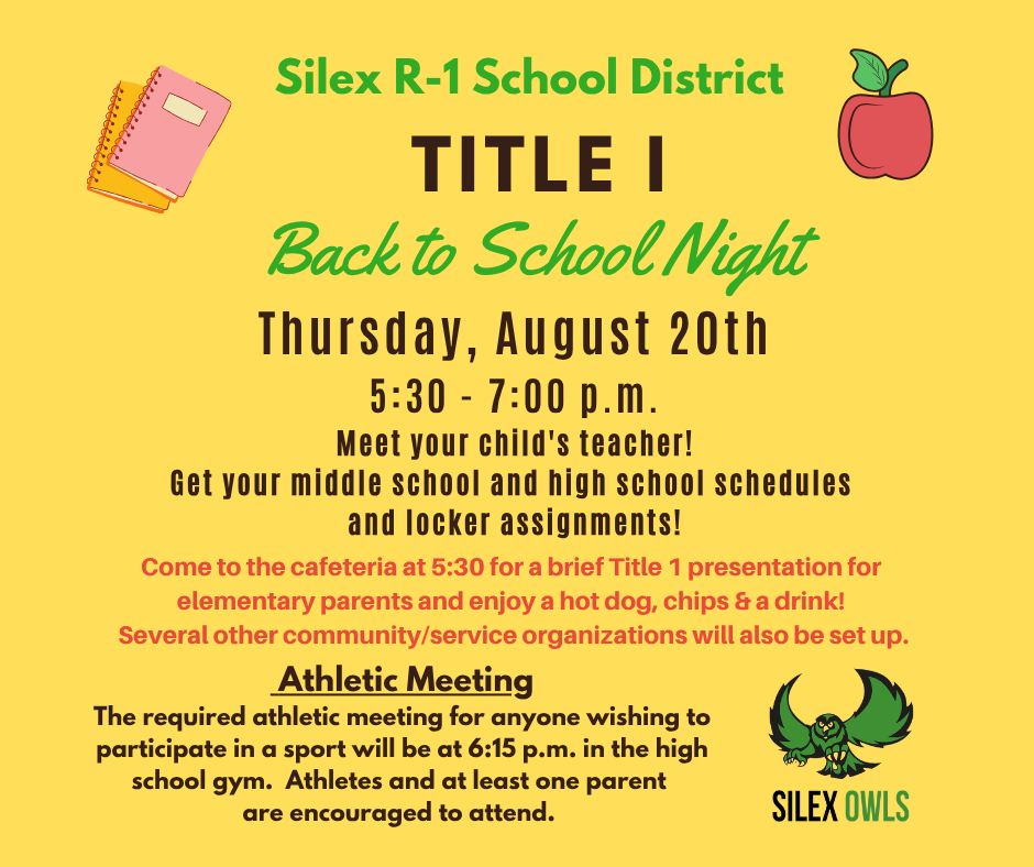 NEW THIS YEAR!!! The middle school/high school handbook is now available online at https://aptg.co/f9yZnf All parents and students must sign the "Handbook Awareness Statement" that will be included in the student packet on Back to School Night. If this form is not turned in by Friday, September 11, 2026, the student will NOT be able to use computers/technology at school. If you have any questions regarding the student handbook, please email Mr. James at rjames@silex.k12.mo.us. We can't wait to see everyone tomorrow night!
