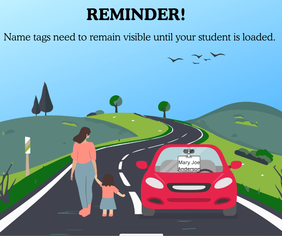 graphics reminding parents to leave car tags in windows