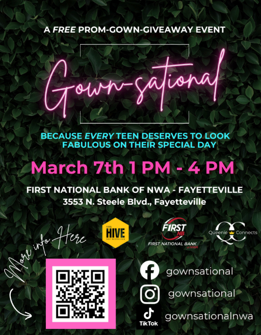 free prom give-a-way on march 7th at 1pm at first national bank of nwa