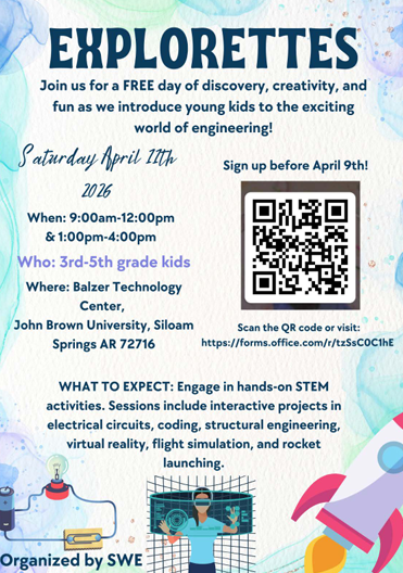 join JBU for a free day of discovery and STEM activities. 9am-12pm saturday april 11th at JBU. click here to sign up: https://forms.office.com/r/tzSsC0C1hE