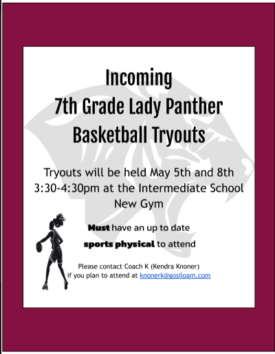 🏀 Calling 7th Grade Girls Basketball Tryouts are coming up!  May 5th & 8th  at 3:30–4:30 PM at Intermediate School – New Gym  Make sure you have an up-to-date sports physical to participate.  Questions? Contact Coach Kendra Knoner at knonerk@gosiloam.com 