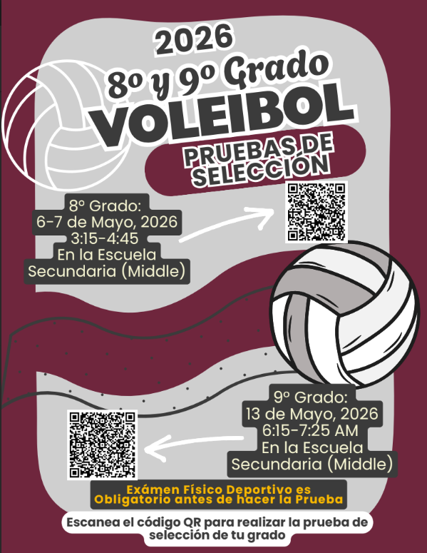  2026 8th & 9th Grade Volleyball Tryouts.  8th Grade tryouts are May 6–7, 2026 3:15–4:45 PM at the Middle School . 9th Grade tryouts May 13, 2026 6:15–7:25 AM at  the Middle School   Physicals are required prior to tryouts. Scan the QR code on the flyer to register for your grade-level tryout.  