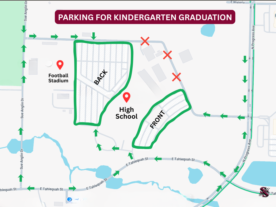 Map showing parking locations for kindergarten graduation. Locations include football stadium, high school front and back.