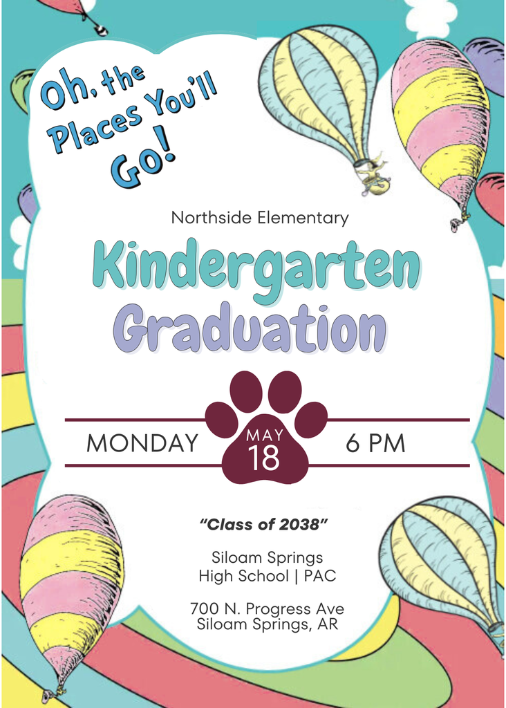 An invitation for Kindergarten Graduation. It includes colorful hot air balloons, a paw print, and the date: Monday, May 18, at 6 PM.