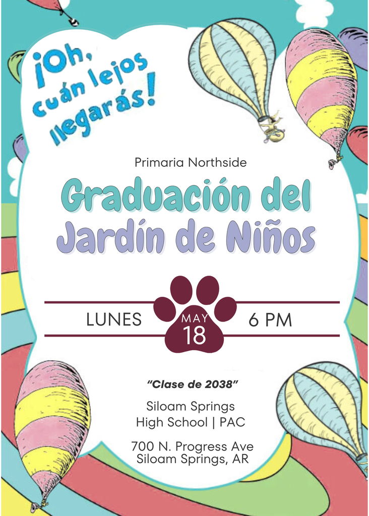 A vibrant poster announces "Graduación del Jardín de Niños" with colorful hot air balloons. Text in Spanish reads "¡Oh, ¡qué lejos llegaras!" Date and time are May 18, 6 PM.