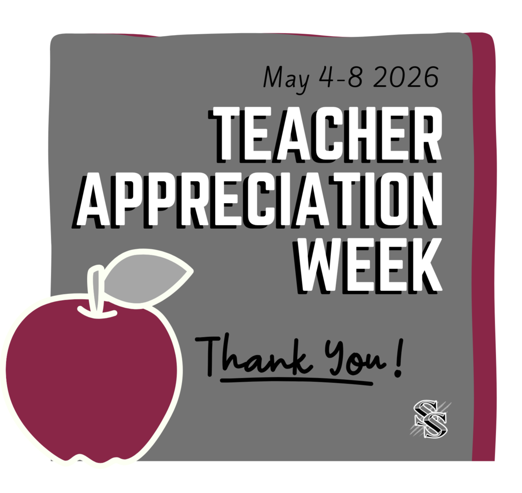 Poster highlights Teacher Appreciation Week from May 4-8, 2026. It features an apple with a green stem on a gray background.