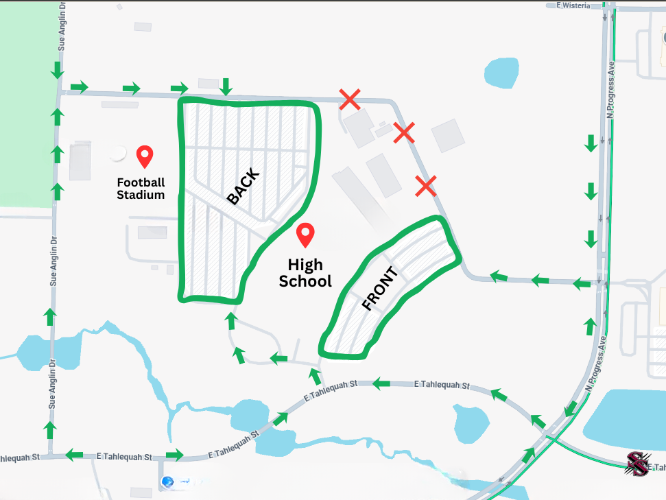 A map shows a high school and football stadium. A red pin marks the school's front entrance.