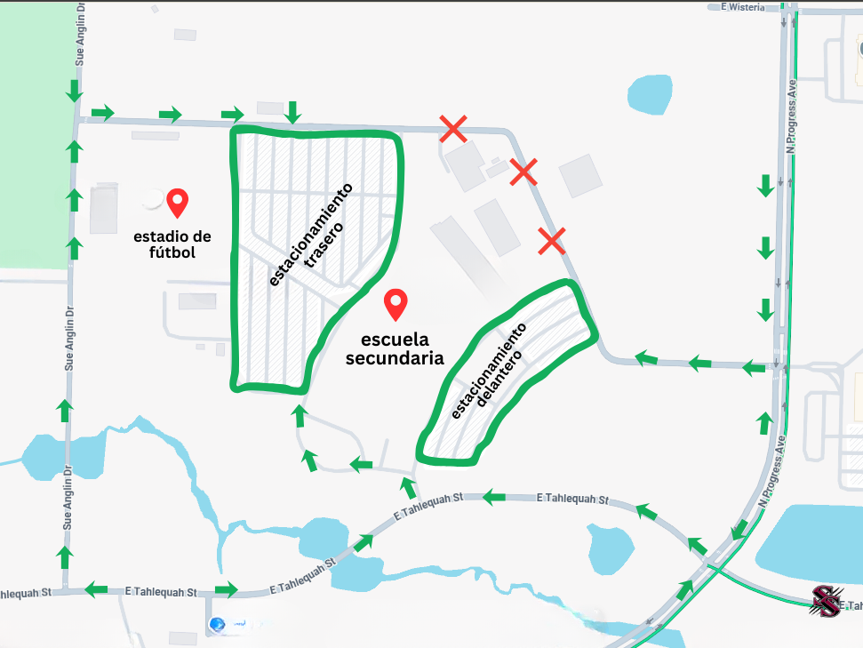 A map shows two red markers with labels, one for a football stadium and the other for a secondary school.