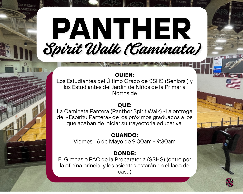 A poster for Panther Spirit Walk (Caminata) at a gymnasium. It mentions the event for students and parents.