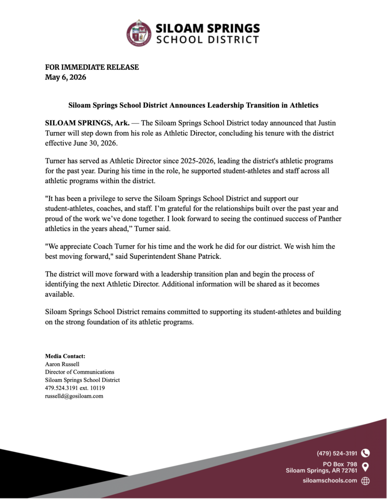 A press release from Siloam Springs School District announces the transition of Justin Turner from his role as Athletic Director, effective June 30, 2024.
