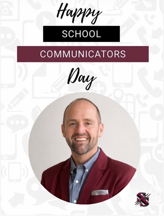 A man wearing a red jacket and blue shirt, smiling, with the words "Happy School Communicators Day" above him.