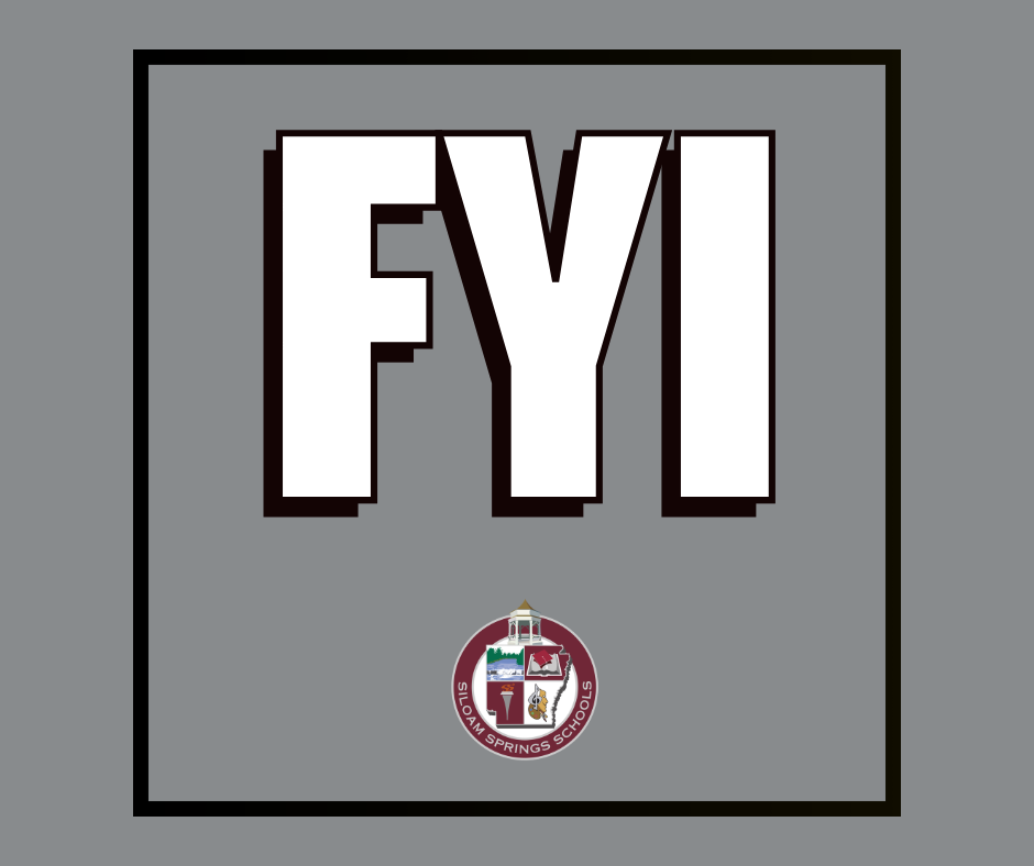 Black square border with white text "FYI" on gray background. Below, a maroon circular emblem with text.