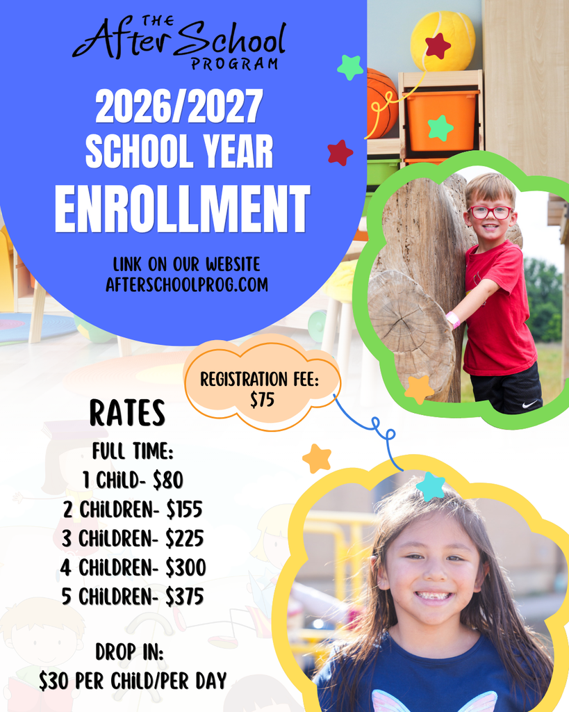 A flyer displays enrollment details for a school year, including registration fees and drop-in rates.