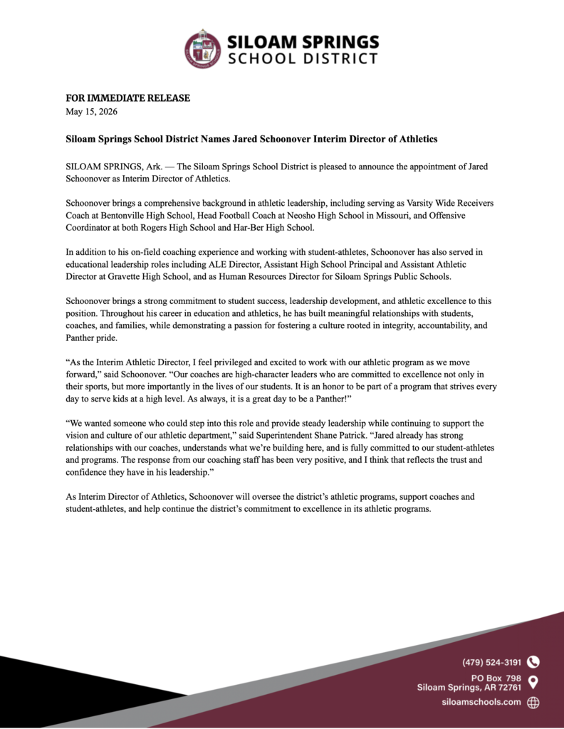 A document announces the appointment of Jared Schoonover as Director of Athletics for Siloam Springs School District.