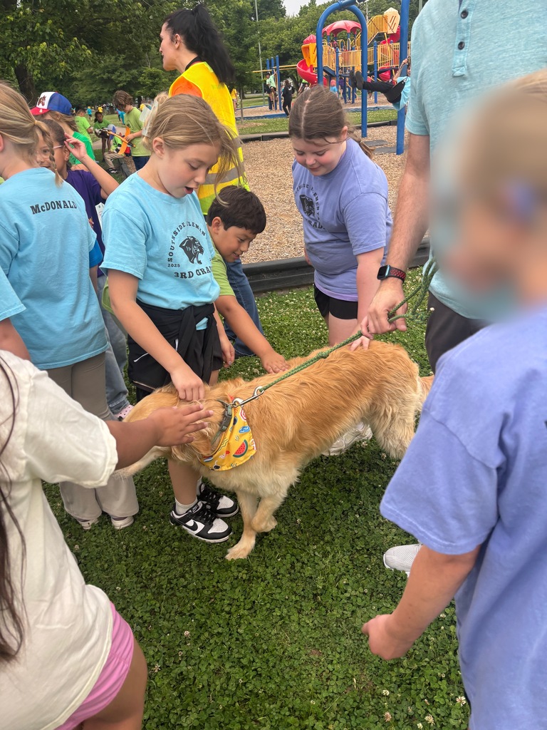 Kids in blue shirts interact with a golden retriever wearing a yellow bandana in a grassy park.