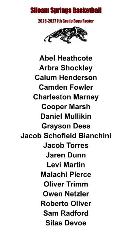 🏀 Congratulations to Our 2026–2027 Incoming 7th Grade Basketball Teams! 🏀 A huge congratulations to these amazing students for making the 7th Grade Boys & Girls Basketball Teams! We are so proud of your hard work, dedication, and determination. We can’t wait to watch you grow, compete, and represent our school on and off the court. Let’s have a great season! 🖤🏀 💪 7th Grade Girls Basketball Team Aleah Luttrell Anisa Hernandez Blakeleigh McReynolds Janey Stephenson Kaileigh Prendergast Katie Counts Kenna Viramontes Kora Ransom Kenyori Hill Mykah Munoz Peighton Goodman River Wise Sadie Butler 🏀 7th Grade Boys Basketball Team Abel Heathcote Arbra Shockley Calum Henderson Camden Fowler Charleston Marney Cooper Marsh Daniel Mullikin Grayson Dees Jacob Schofield Bianchini Jacob Torres Jaren Dunn Levi Martin Malachi Pierce Oliver Trimm Owen Netzler Roberto Oliver Sam Radford Silas Devoe Way to go, Panthers! We are cheering you on and excited for a great season ahead! 🐾🖤🏀