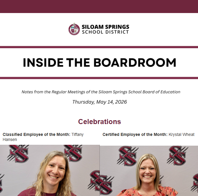 A page from the Siloam Springs School District notes the date May 14, 2026, and celebrates employees Tiffany and Krystal Wheat Hansen.