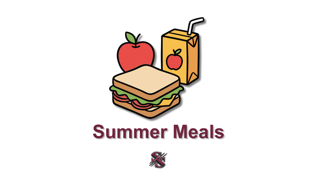 Sandwich, apple, and juice carton next to "Summer Meals" text. Background is plain white.
