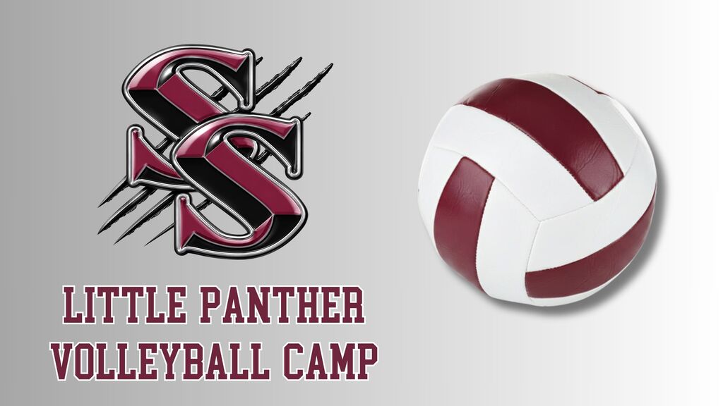 A white and maroon volleyball with a white background. Logo with "SS" and "LITTLE PANTHER VOLLEYBALL CAMP" text.