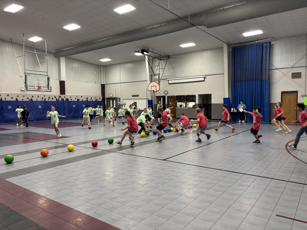 Multiple children wearing matching shirts play a game with multicolored balls in an indoor gym.