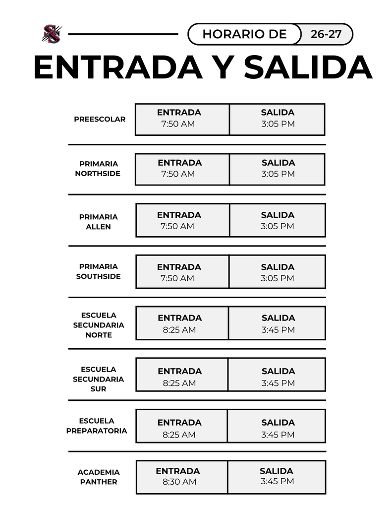 A black-and-white schedule lists schools and their entry and exit times for a specific date range.