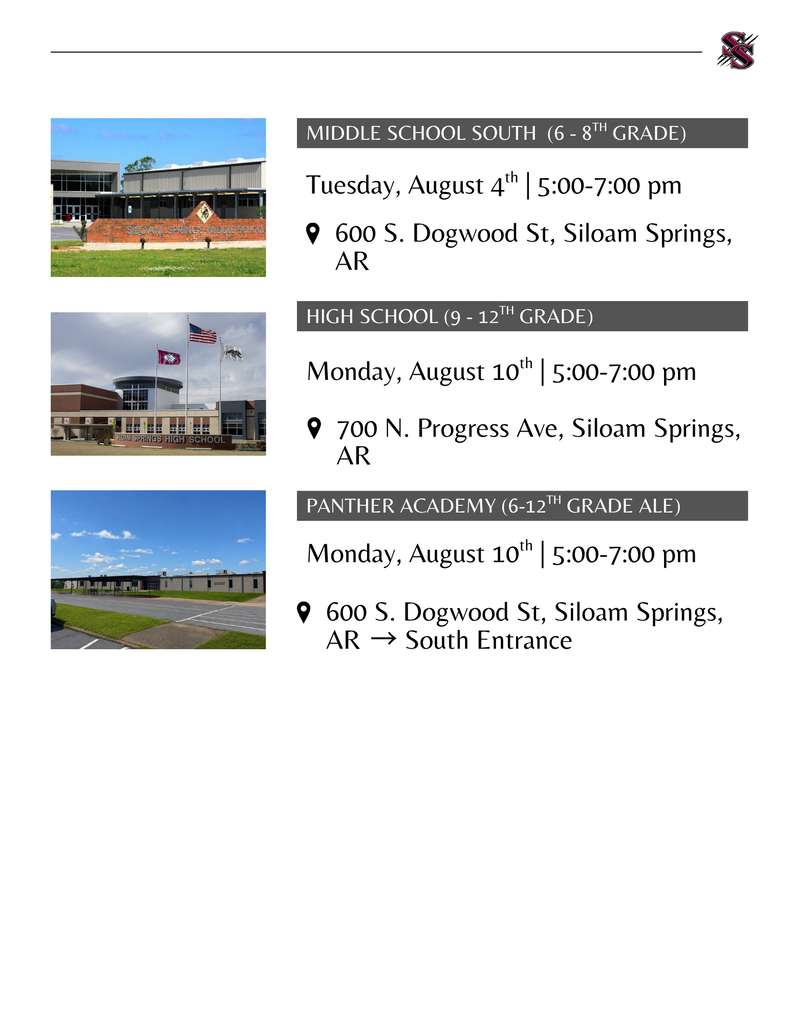 Three photos of schools with dates and times listed for open houses. Locations are given for each school.
