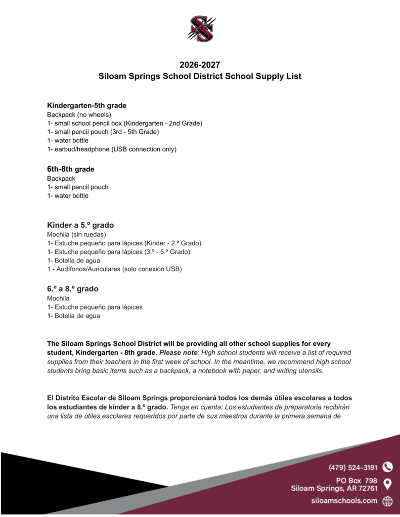 Document titled "2026-2027" displays school supply lists for various grades in the Siloam Springs School District, including Kindergarten-5th, 6th-8th, and Kindergarten-5th grades.