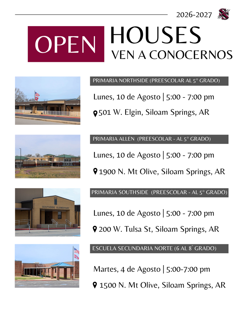 White page with red header. Header reads "OPEN HOUSES VEN A CONOCERNOS." Four school locations and dates are listed.