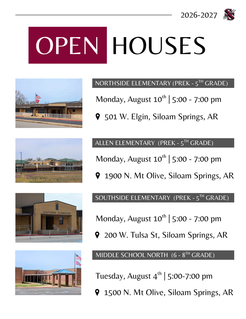 Flyer showing four school buildings with dates and times for 2026-2027 Open Houses at Northside, Allen, Southside, and Middle School North.