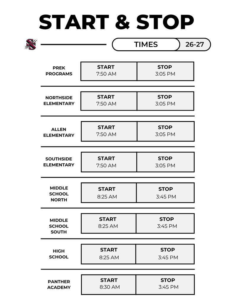 A table with headings "Start & Stop Times" and "26-27" lists school start and stop times. Schools include PRESCHOOL, NORTHSIDE, ALLEN, SOUTHSIDE, MIDDLE NORTH, MIDDLE SOUTH, HIGH SCHOOL, and PANTHER ACADEMY.