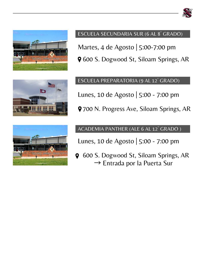 A document displays three school buildings' photos with dates and times. Schools listed: Escuela Secundaria Sur, Escuela Preparatoria, Academia Panther.