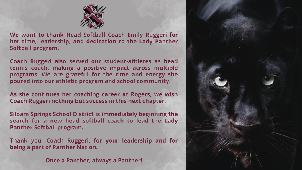 Black panther image, text on white background with red font thanking Head Softball Coach Emily Ruggeri.