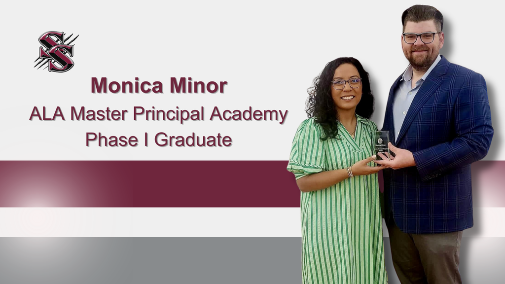 A woman and a man stand together. They hold an award and smile. A text reads "Monica Minor, ALA Master Principal Academy Phase I Graduate."