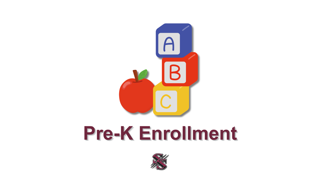 A white background displays a logo for Pre-K Enrollment. Three colorful cubes stack with letters ABC, an apple with a leaf.