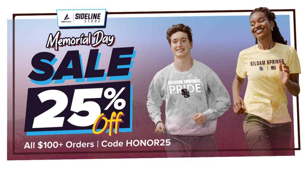 Advertisement for Memorial Day Sale. Two people in t-shirts running. 25% off all orders of $100+ with code HONOR25.