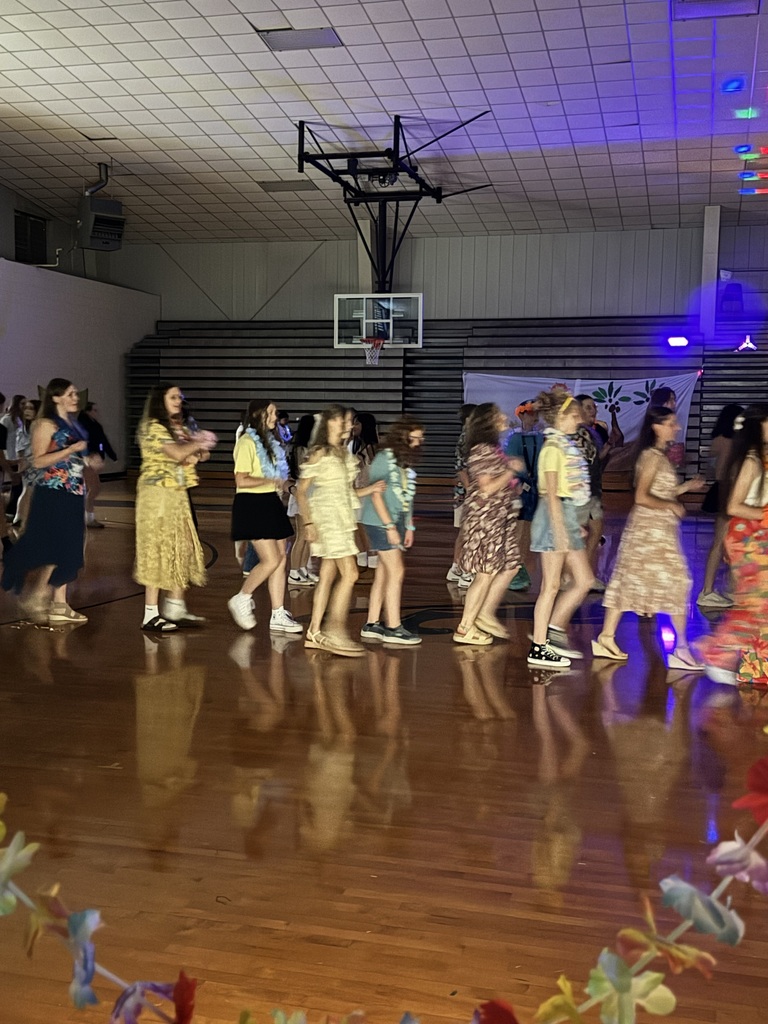 Students doing a line dance. 