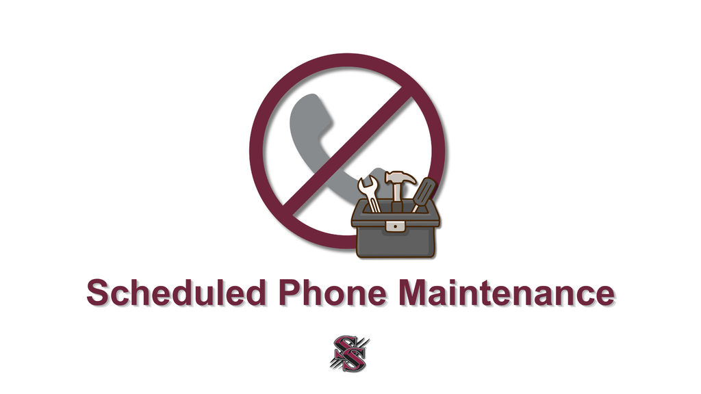 A white background displays a red "no phone call" sign. Below it, a toolbox and tools are shown with the text "Scheduled Phone Maintenance."