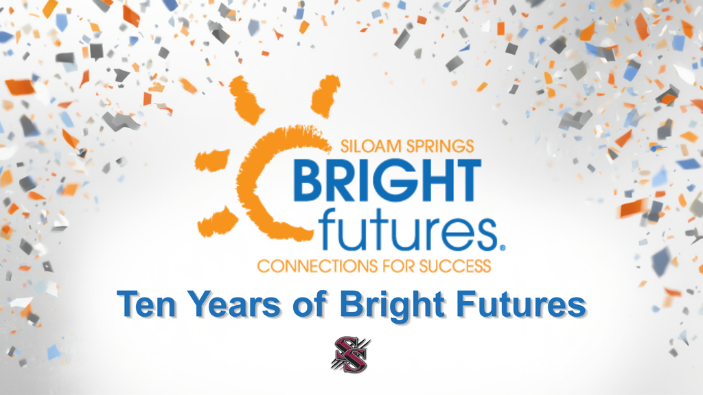A white background with colorful confetti. Logo says Bright Futures. Below, text reads "Ten Years of Bright Futures."