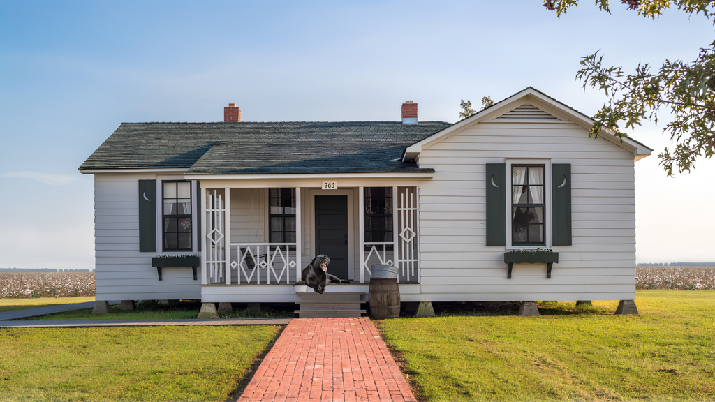 A white house with a green roof, green shutters, and a porch. A red brick path leads to the front door. A black panther rests on the porch.