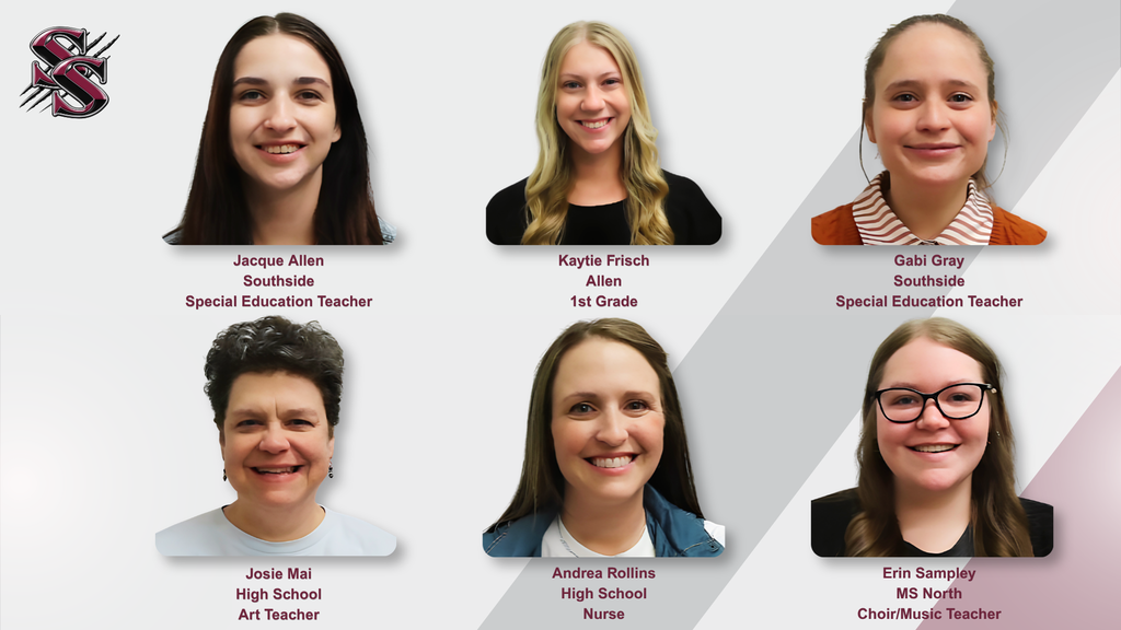 Six smiling individuals in three rows, with labels below them. Titles include Special Education Teacher, Art Teacher, and Nurse.