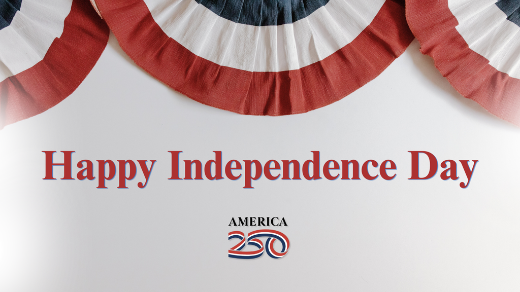 Festive bunting with red, white, and blue swirls and text "Happy Independence Day" with a 250 logo.